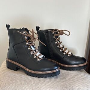 Black Lace-Up Lug Boot with Brown Accent - Women